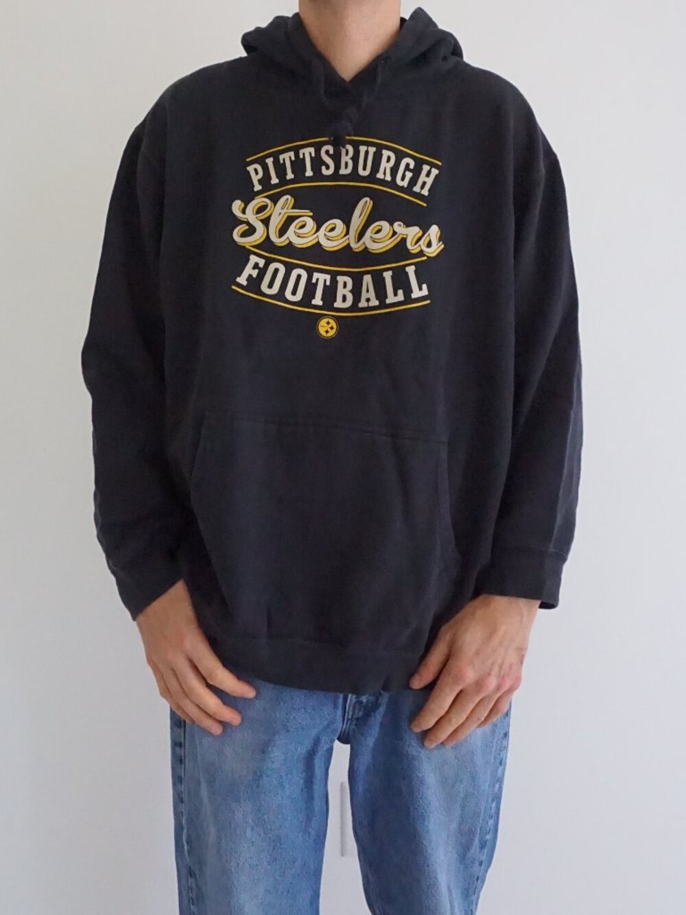 Vintage Majestic Black Pittsburgh Steelers Football Team Spellout Logo Hoodie 2X